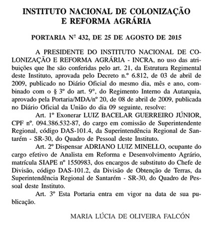 Exoneração foi publicada nesta quarta-feira (26), no DOU
(Foto: Reprodução/Diário Oficial da União)