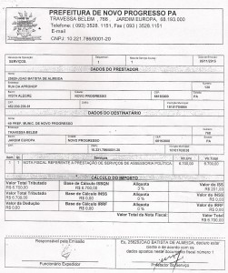 Nota Fiscal emitida pelo Secretario João Batista de Almeida para recebimento da Prefeitura