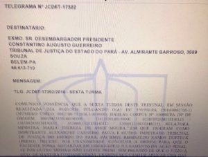 Telegrama enviado ao TJPA