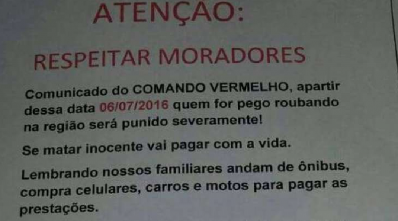 Cartaz anti-roubo em favel de São Gonçalo, no Rio