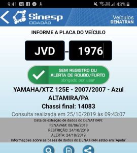 A placa JVD 1796 pertence a uma motocicleta Yamaha XTZ de cor azul , a motocicleta em questão um Honda Broz amarela.