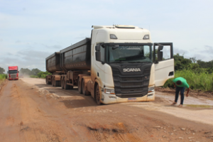 Carreta não resistiu aos constantes buracos e quebrou(Foto: Portal de Santarém)
