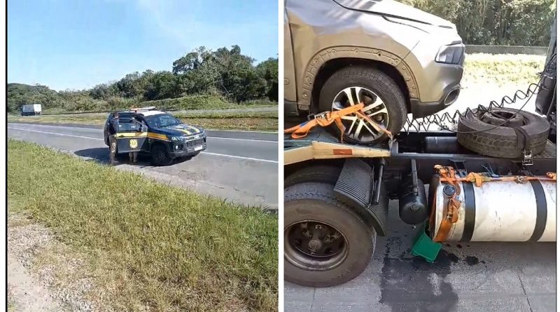 PRF-flagra-caminhao-com-balde-em-tanque-de-combustivel-e-multa-motorista