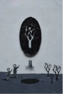 O artista André Griffo criou o cenário do ‘abençoado Ranieri cultivando desertos’.  A arte do Amazonas feita com cinzas retrata duas pessoas e árvores cultivadas na terra desértica André Griffo / The blessed Ranieri cultivating deserts (2023)