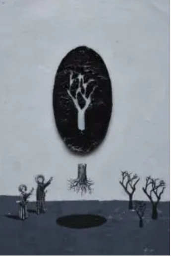 O artista André Griffo criou o cenário do ‘abençoado Ranieri cultivando desertos’. A arte do Amazonas feita com cinzas retrata duas pessoas e árvores cultivadas na terra desértica André Griffo / The blessed Ranieri cultivating deserts (2023)