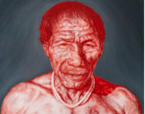 Simon Butler retratou um indígena em tons de vermelho.   A imagem feita com cinzas da Amazônia mostra um indígena Simon Butler / Kamo (2023)