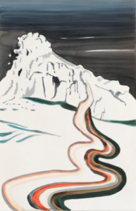 O artista John Kømer usou as cinzas para desenhar uma geleira em processo de derretimento.   A figura retrata uma geleira a noite e foi produzida com cinzas da Amazônia John Kømer / Glacier at night (2023)