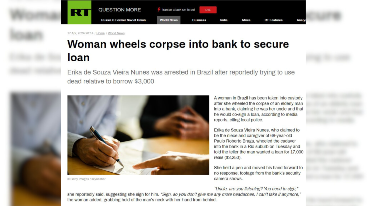 RT, da Rússia, repercute caso de mulher que levou morto a banco no Rio de Janeiro Crédito: Reprodução/RT