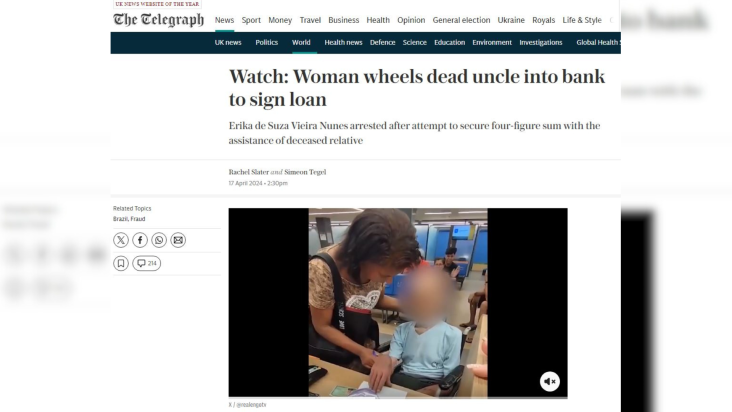 The Telegraph repercute caso de mulher que levou morto a banco no Rio de Janeiro Crédito: Reprodução/The Telegraph