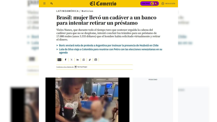 El Comércio repercute caso de mulher que levou morto a banco no Rio de Janeiro Crédito: Reprodução/El Comercio