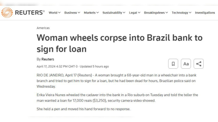 Reuters repercute caso de mulher que levou morto a banco no Rio de Janeiro Crédito: Reprodução/Reuters