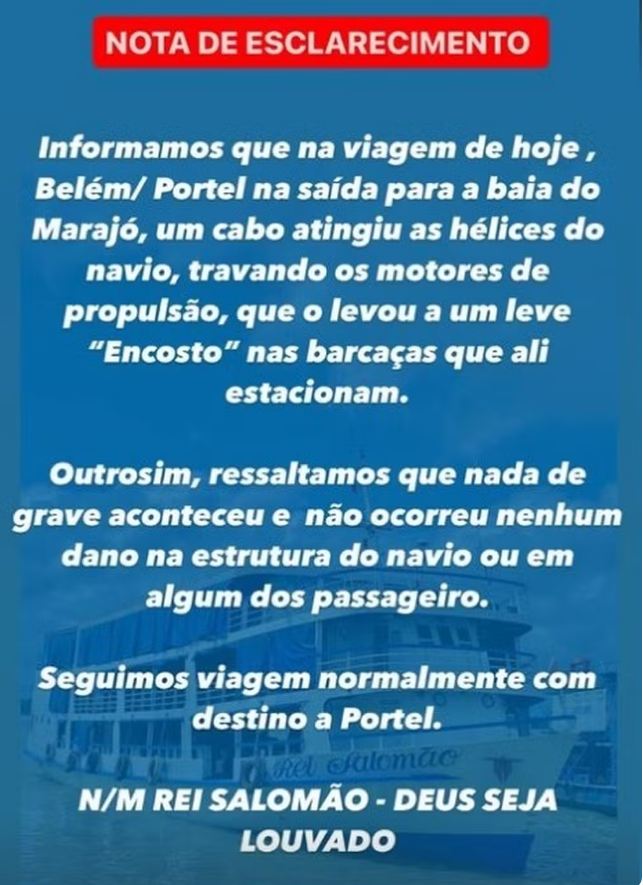 Nota divulgada pela empresa proprietária do navio Rei Salomão — Foto: Reprodução/Redes Sociais