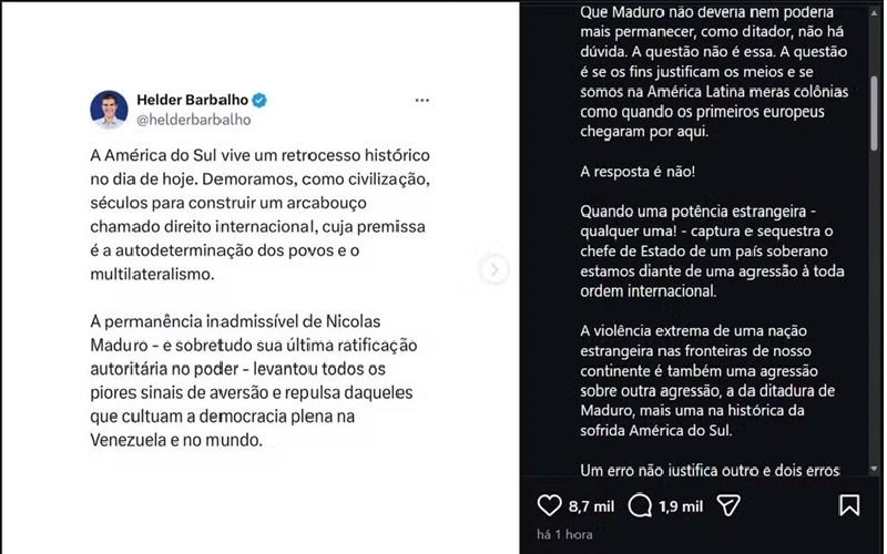 Em rede social, governador do Pará criticou ataque dos EUAs à Venezuela — Foto: Reprodução/Redes sociais